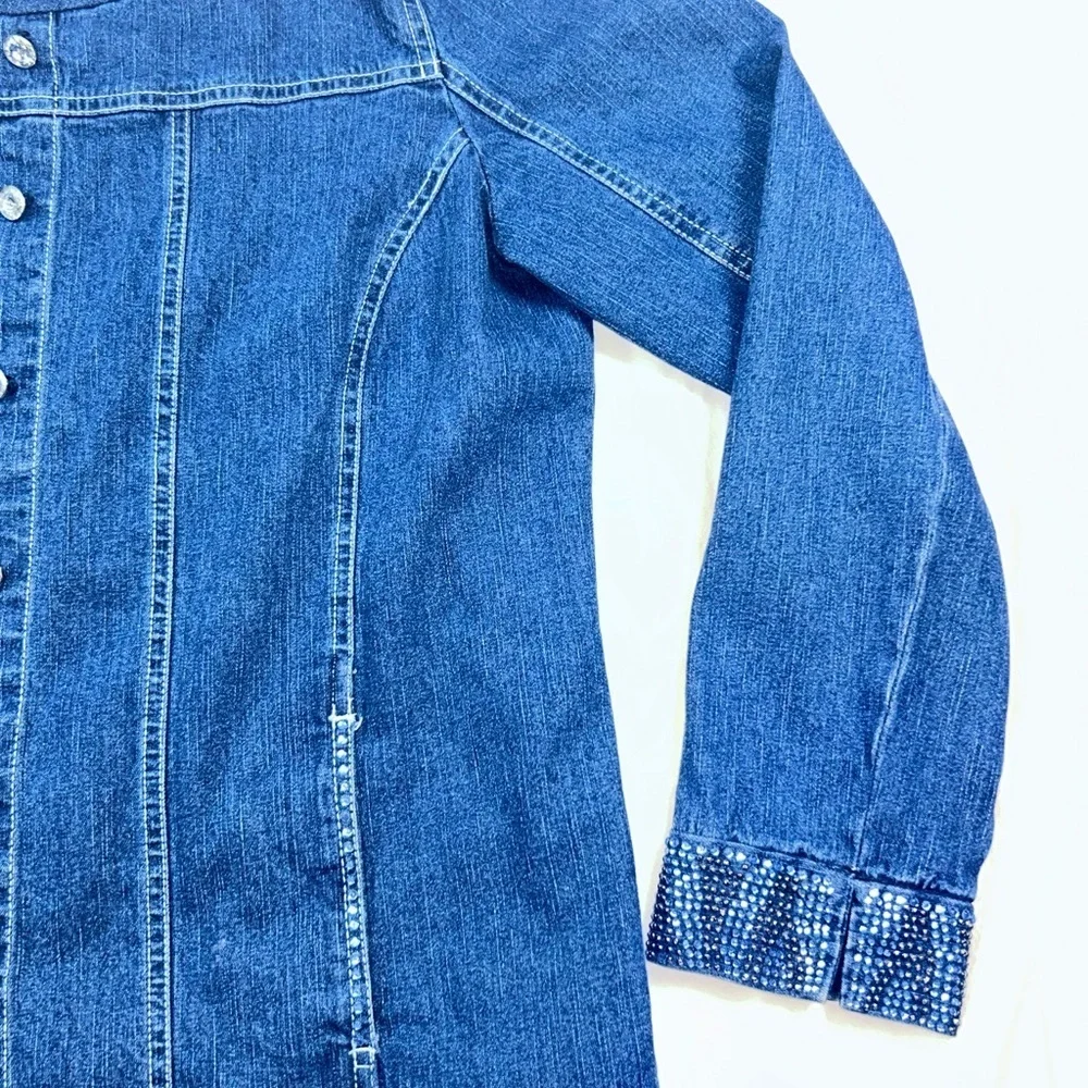 Quacker Factory Custom Denim Jacket No Bad Vibes Peace Rhinestone boho Sz M